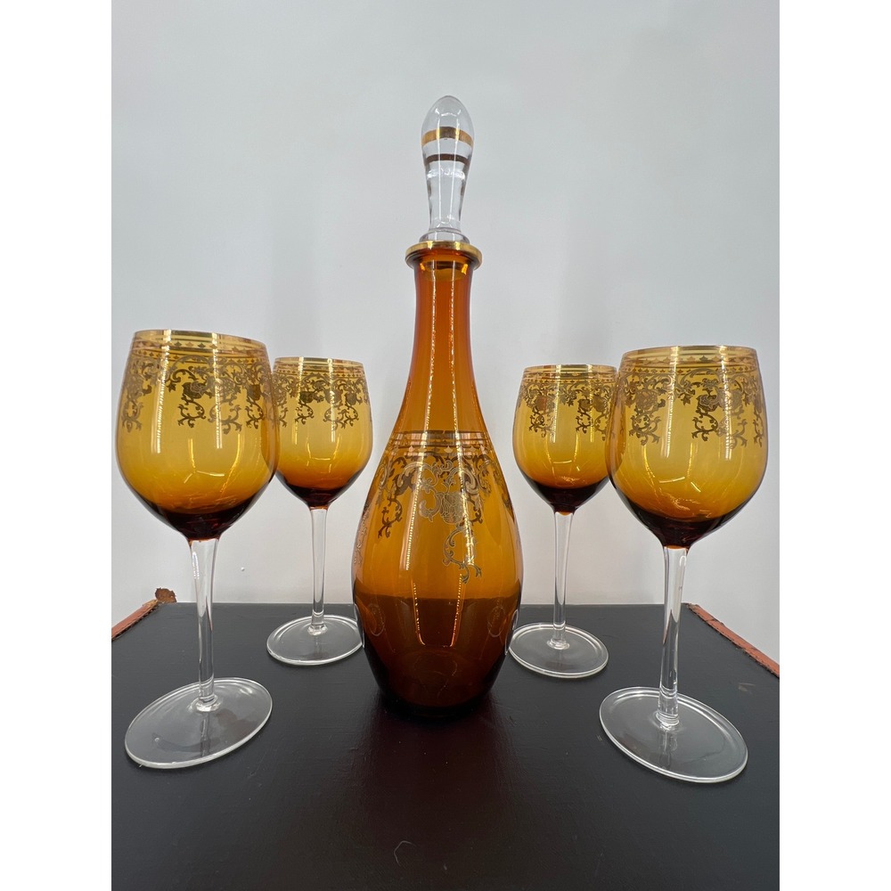 Vintage MCM Amber Glass Decanter Set Gold Encrusted Floral Scroll 4 Glasses